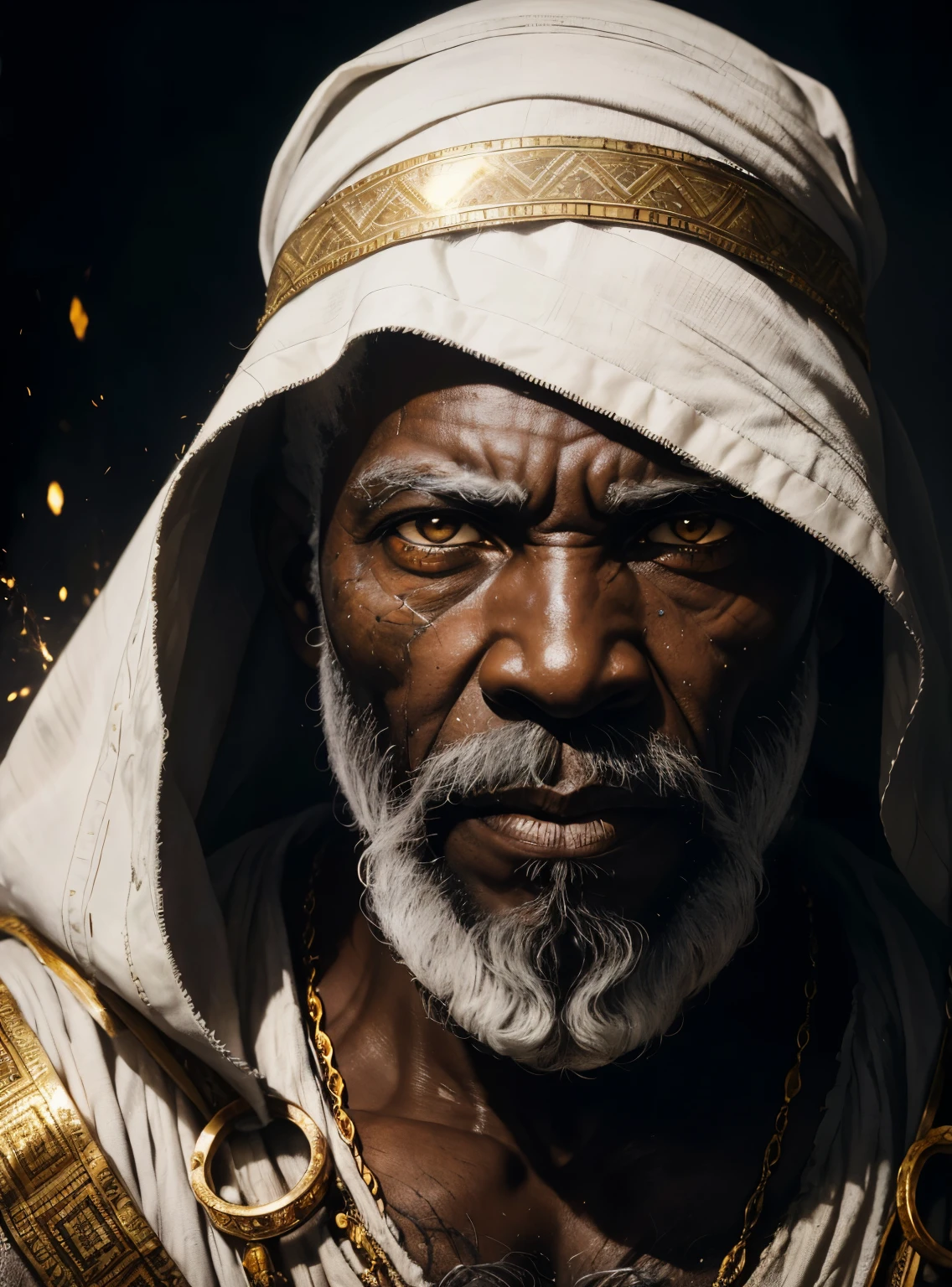 An epic portrait of African elderly intense sinister eyes, and nose with long white beard, framed with a faded ancient tattered white linen hood, reflecting gold sparks in the irises of the eyes, white eyebrows, at night, dramatic lighting, high contrast, highest definition, hyperrealism, photorealistic, high resolution, hdr photography, 8k