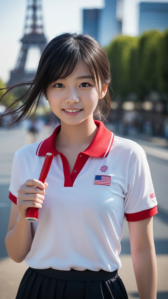 Olympic Torch Runner、Paris cityscape、The Eiffel Tower in the background、Wearing the Japanese flag、Hinomaru on the chest🇯🇵、Holding up a large lit torch、Cowboy Shotsの RAW 写真の風光明媚なプロの写真、Photorealistic、[:complicatedな詳細: 0.3]、Highest quality、Beautiful 12 year old girl、Long black hair、Detailed skin、(Plus Size: 1.Like 1)、 (Breasts with a beautiful round shape: 1.1)、(Big Ass: 1.1)、(White polo shirt、Red collar)、1 girl、holding the Olympic torch、The torch is lit、Smile、Elegant body structure、from the front、Looking at the viewer、Cowboy Shots、Outdoors in the city of London、Natural Color、The perfect perspective、Very detailed、Wide-angle lens、Surreal、Dramatic Sky、Polarizing Filter、Natural light、Bright colors、Everything in sharp focus、HDR、uhd、64k 、Photorealistic、Hyperrealistic、Hyper Detail、Analog Style、Detailed skin、Matte Skin、Soft Lighting、Scattered beneath the surface、Real、Dark Shadowasterpiece、Highest quality、Surreal、8k、Golden Ratio、complicated、High Detail、Film Photography、Soft Focus