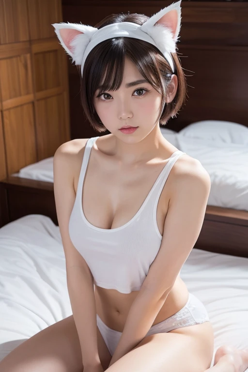 Cat ears headband,white short hair,japanese,thick eyebrows,pubic hair:1.2,white tanktop,masterpiece,best quality,8k photo,