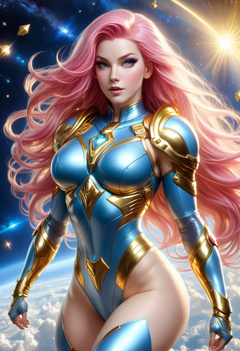 BOMBSHELL PINK HAIR VALKYRIE FLYING OUTERSPACE, , PALE SKIN, YELLOW EYES, HIGH CHEEKBONES, ROSY CHEEKS, MENTAL FORAMEN, HUGE LONG HAIR,LIGHT BLUE THONG LEOTARD ARMOUR, , LONG GOLD GAUNTLETS, ATHLETIC CURVY BODY, EXPOSED ARMS, DETAILED QUADRICEPS, MUSCLES, BACK BODY VIEW, GOLD SHOES, FULL BODY PERSPECTIVE, SPRITE LIGHTINGS, OUTERSPACE, RAYS OS LIGHT, SUN, BACK LIGHTS, NIGHT SKY, ACCURATE IMAGE, MASTERPIECE.
