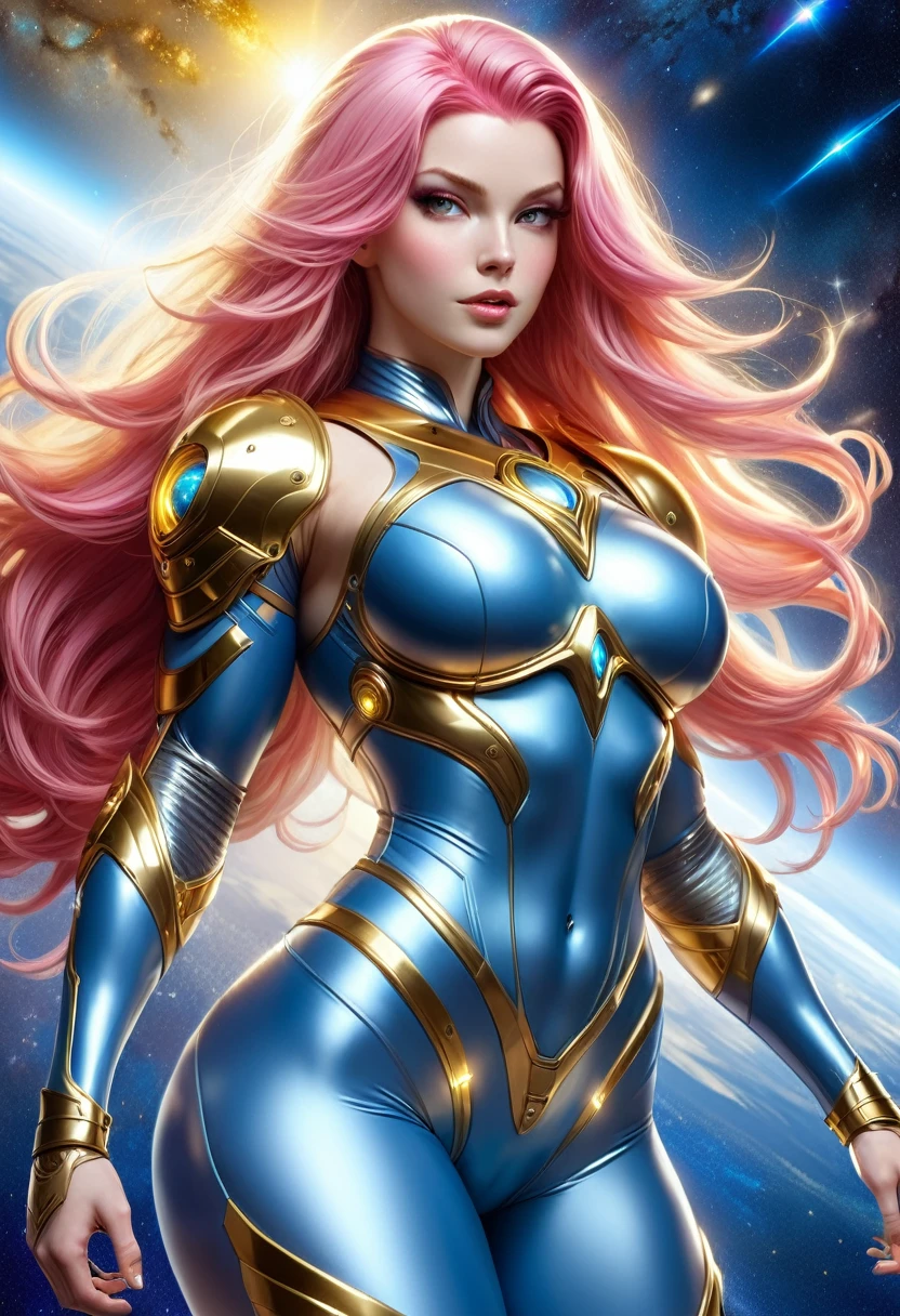 BOMBSHELL PINK HAIR VALKYRIE FLYING OUTERSPACE, , PALE SKIN, YELLOW EYES, HIGH CHEEKBONES, ROSY CHEEKS, MENTAL FORAMEN, HUGE LONG HAIR,LIGHT BLUE THONG LEOTARD ARMOUR, , LONG GOLD GAUNTLETS, ATHLETIC CURVY BODY, EXPOSED ARMS, DETAILED QUADRICEPS, MUSCLES, BACK BODY VIEW, GOLD SHOES, FULL BODY PERSPECTIVE, SPRITE LIGHTINGS, OUTERSPACE, RAYS OS LIGHT, SUN, BACK LIGHTS, NIGHT SKY, ACCURATE IMAGE, MASTERPIECE.