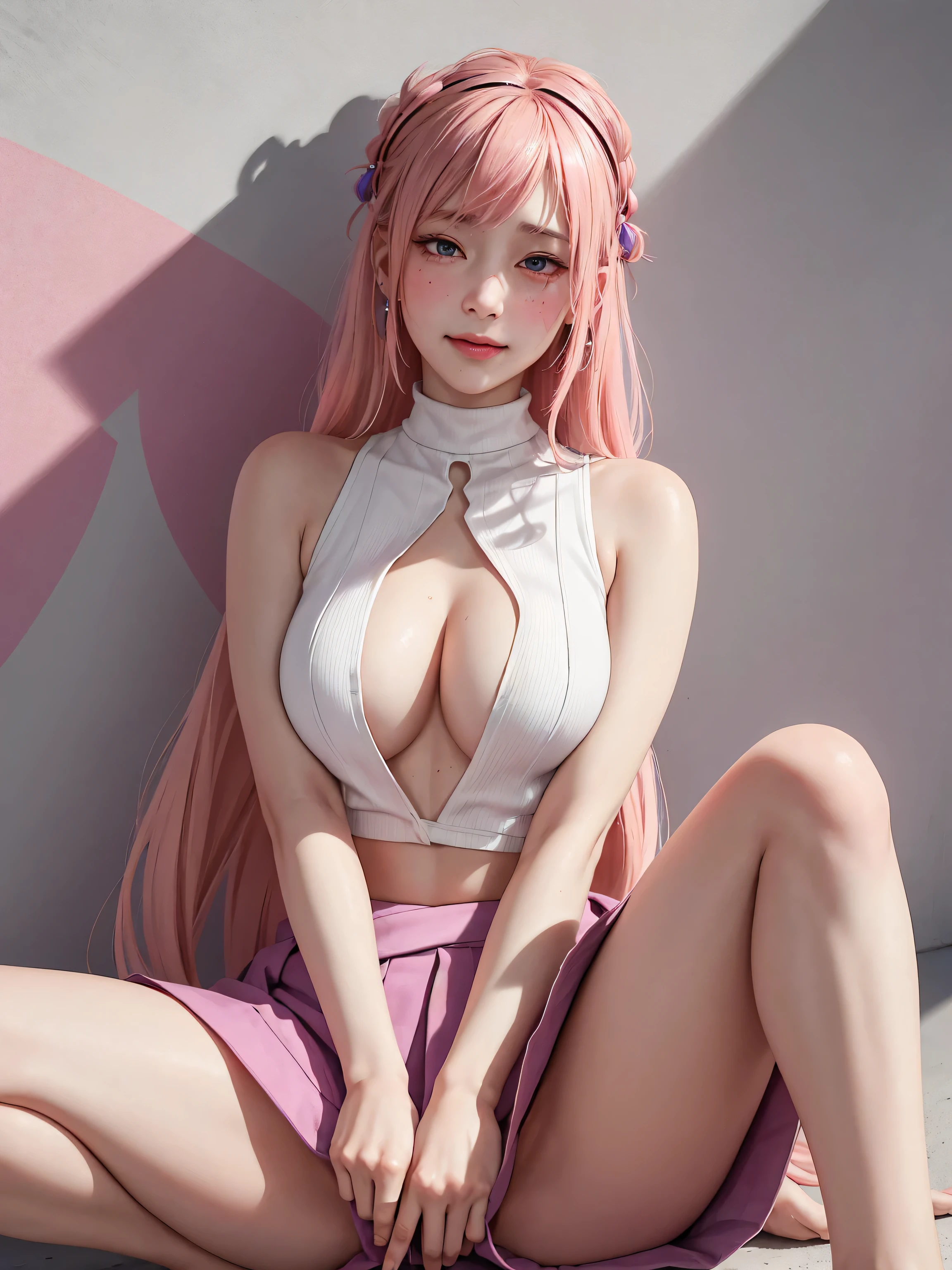 (Masterpiece, best quality, 1 girl, alone, complicated details, Chromatic aberration), realistic, ((Moderate breath)),long hair, pink hair, Red headpiece, Pink Highlights, hair on one eye,purple eyes, earring, sharp eyes, choker, Neon coat, She wears a collar, bangle, and kimono style garters., crop top, (symmetrical eyes),(Perfect symmetrical body),against the wall, Brick wall, (colorful graffiti words on the wall:1.2), The light is dim., alley ,Look at the viewer.、Dig the chest、smile、(sleeveless、Navel touch、Fitted turtleneck.)、street string hot pants、Thin bottom、Please build above the eaves..、Thin shoulders、japan Kimono((Roll up your skirt)), Pleated skirt, blush, Round face, (Droopy eyes), blush, ((((Embarrassed face)))) ((Spread your legs))classroom、beautiful girl、(Serious-looking beautiful girl)Light brown hair、((No panties))、barefoot、barefoot、((Please pee))、The floor is wet with urine