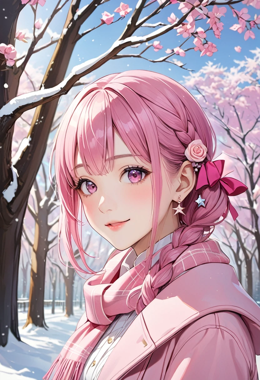 1girl, adult woman, alone, long hair, looking at viewer, blush, smile, bangs, pink hair, white shirt, bow, pink coat, light pink eyes, jewelry, closed mouth, pink scarf, upper body, hair rose, braid, hair bow, earrings, collared shirt, star \(symbol\), a bun, pink bow, in the winter outdoors, several trees,