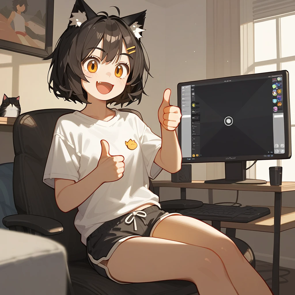 source_anime, score_9, score_8_up, BREAK a 1girl using a computer, cat ears, shirt, shorts, living room, thumbs up, smile open mouth