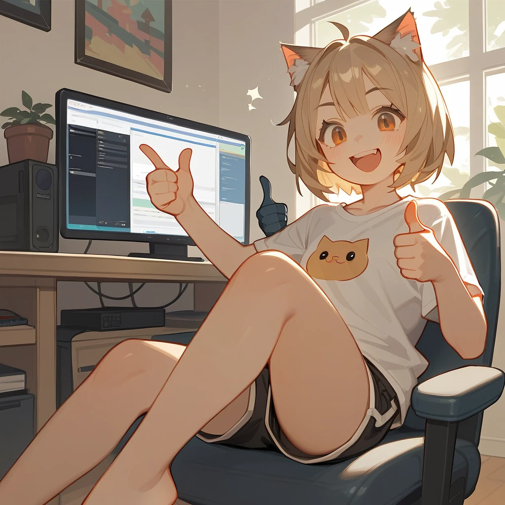 source_anime, score_9, score_8_up, BREAK a 1girl using a computer, cat ears, shirt, shorts, living room, thumbs up, smile open mouth