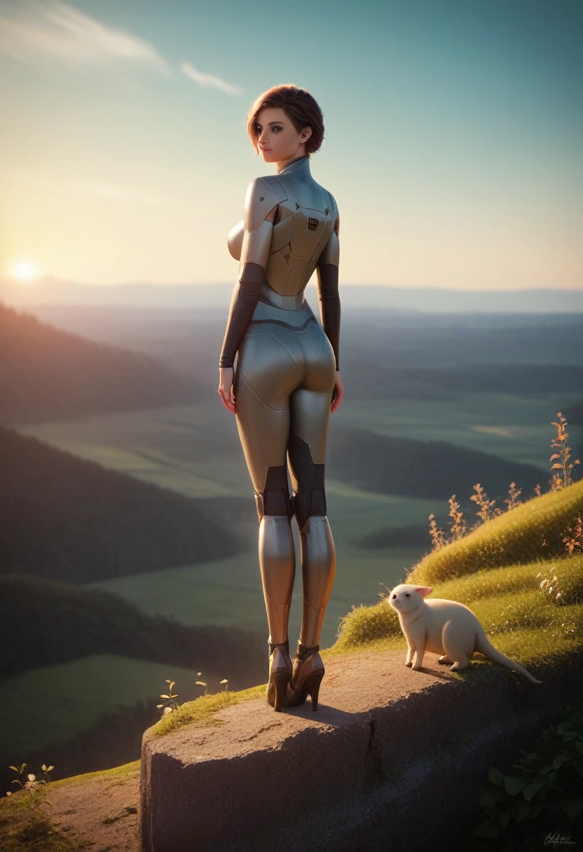 The lady wanderer in the vast beautiful wilderness world, stand on a cliff, watching colourful landscape , beautiful Mecha dinosaurs monsters on the landscapes, 8k, MASTERPIECE by Jeremy Mann, sharp, masterpiece, best quality, Photorealistic, ultra-high resolution, photographic light, illustration by MSchiffer, Hyper detailed, score_9,score_7_up,score_8_up,
