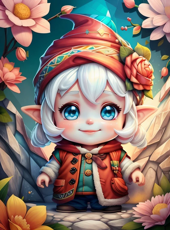 (cute baby gnome smiling with flowers) stylized identical to 1940 |)), padding ,multidimensional geometric wall PORTRAIT, artistry, chibi,
yang016k, comely,(( predominant red color, pink and white romper))
Primary works, top-quality, best qualityer, offcial art, Lindo e Estetaduardo Kobra padding ,multidimensional geometric wall PORTRAIT, artistry, Chibo,detaileds
