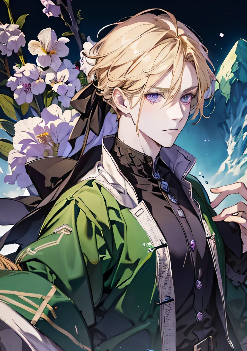 1 medieval nobleman, blond, light purple eyes and green iris