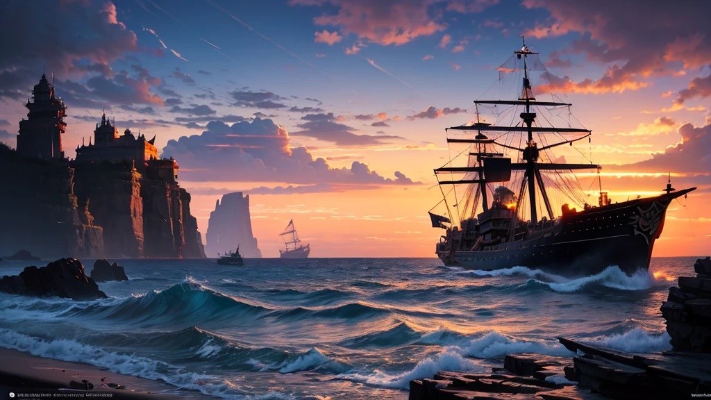 1ship, painting rearview of ornate pirate ship, stormy sea, rocky alcove, turbulent clouds, dark vivid colors, sunset colors, turbulent sky. Art by malczewski, rossdraws, artgerm, irakli, guweiz, griffiths, horikoshi : 2, lautrec, trending on DeviantArt, realistic, 4k, UHD, best art, ultra sharp, dynamic lighting, dusk 