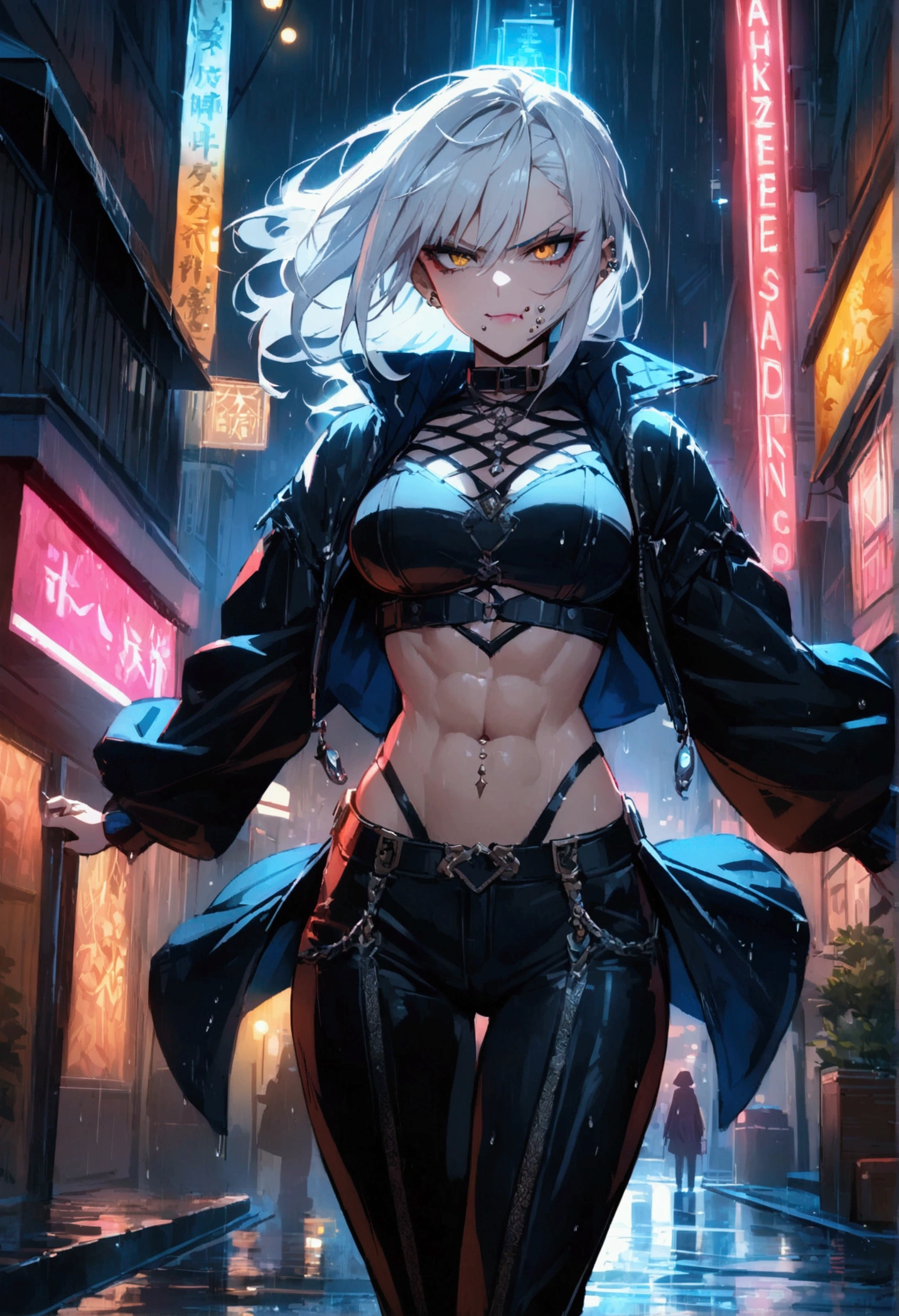anime women, dark outfit with red and blue details, white hair, (golden dragon eyes) standing in a rain soaked, city street at night, cinematic lighting (best quality:1.2)detailed, neon lights, vivid colors,bokeh, angry looking face with smirk on mouth, piercing, ABS, ((face piercing)), gaze, 4k, particles in the air, powers, amazing art work full of details, dynamic movement, cold stare