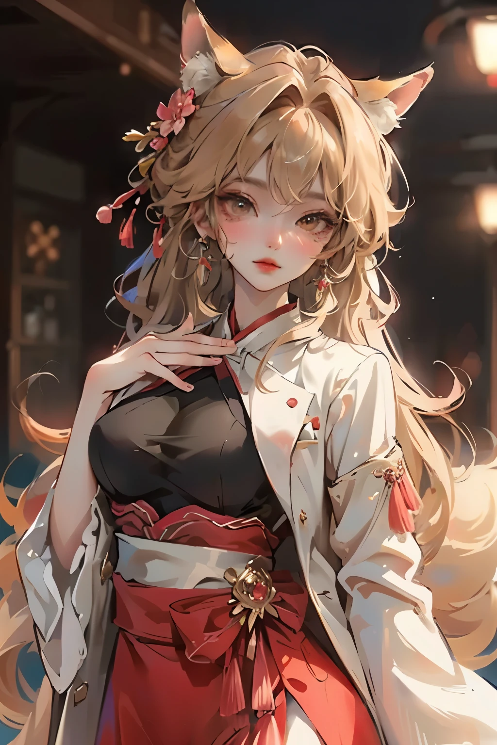 ((best qualityer)), ((work of art)), (detailded), girl with bright dark brown eyes, long brown hair with blonde ombré highlights at the ends, Caucasian skin, rosy cheeks, red lips, cat eyeliner, wearing a romantic and classic feminine elegant outfit, confident pose, inside the mall, shorty with 1,50 tall and wide hips, fully body, semi realistic anime korean manhwa style, open blazer, as if a fox turned into a human, mysticism, mysterious, a single character, Long hair to the waist, long hair.