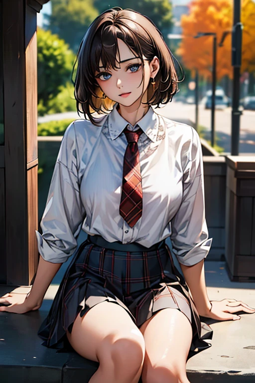 ((Highest quality)),(超High resolution),(Very detailed),(Detailed Description),((The best CG)),(masterpiece),Ultra-detailed art、(Highest quality、8k、32K、masterpiece)、(Realistic)、(Realistic:1.2)、(High resolution)、Very detailed、Very beautiful face and eyes、1 female、Tight waist、Delicate body、(Highest quality、Attention to detail、Rich skin detail)、(Highest quality、8k、Oil paints:1.2)、Very detailed、(Realistic、Realistic:1.37)、Bright colors、
((Unkempt shorthair、The bangs are straight and fall on the forehead、Brown Hair))、 Light skin tone、Smooth and healthy skin、
""tops:
White blouse with red ribbon tie bottoms:
Checkered pleated skirt(Navy and red tartan check)
accessories:
Simple stud earrings Slim watches(silver)
shoes:
Black loafer detail:
Blouse with lace trim at neckline and cuffs:1.3 Background: School corridor、Commuting to school、Or summer nature scenery""