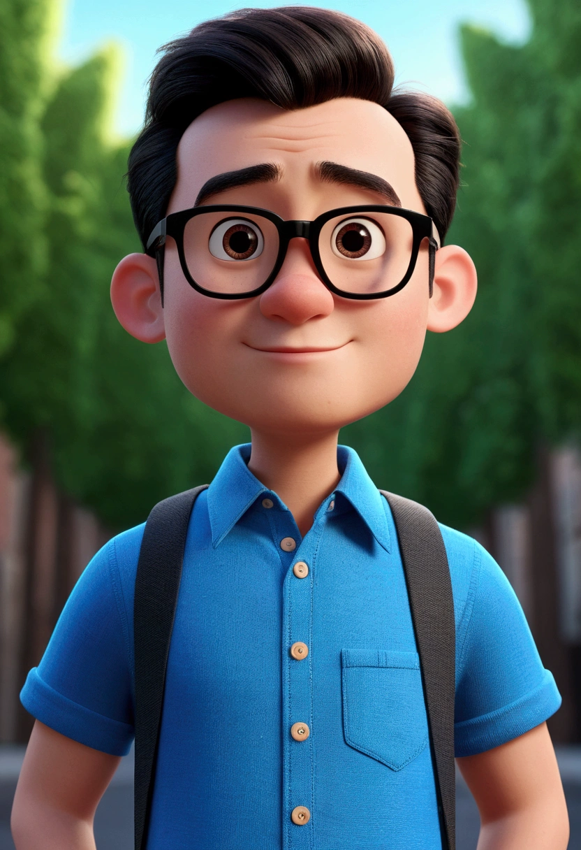 Cartoon character of a man in black glasses and blue shirt, an animated character, stylized character, animation style rendering, 3d stylized, Arnold Maya rendering, Stylized 3D rendering, toon render screenshot, 3d character, 3d character, Stylized 3D rendering, 3D character rendering, cartoon character, Personagem de close up, character posing, (Pixar-style) (master part:1.2) (bokeh) (best qualityer) (skin detailed) (detailed texture) (8k) (Argilla) (cinematic lighting) (sharp focus,Sit down and lift your upper body