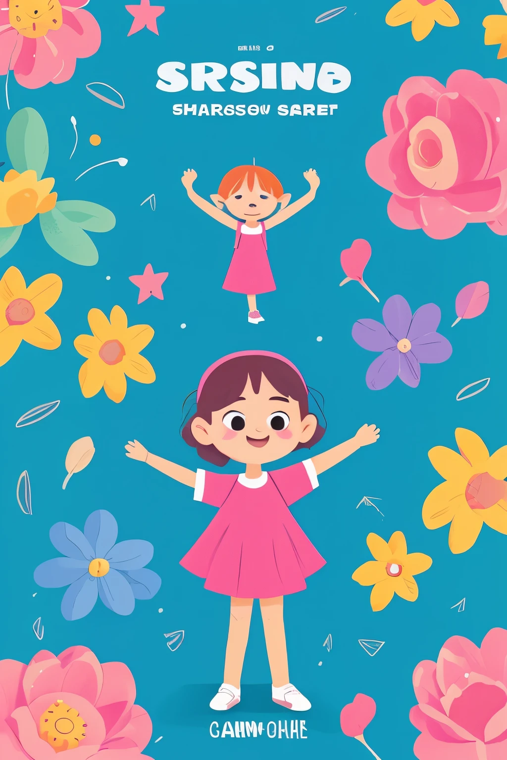 a girl, standing, cartoon-like, illustration, whole body, facing the front, cartoon style, (Big head),  colorfully, (simple background), (T-Pose), open arms position, designer character sheet