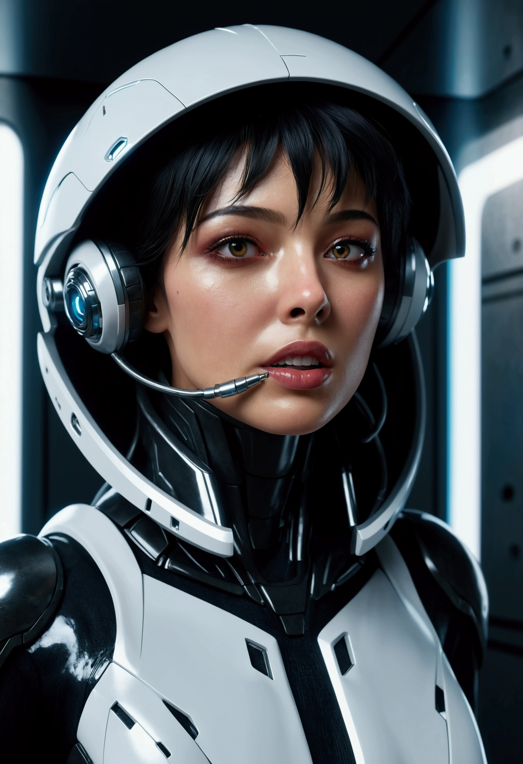a highly detailed and realistic cyborg humanoid woman, metallic black mouth and teeth, inside a futuristic white spacecraft hallway, cinematic dramatic lighting, hyper realistic, 8k, photorealistic, masterpiece, concept art, (best quality,8k,hyperrealistic,realistic:1.4),(cinematic dramatic lighting:1.2),(hyper detailed:1.2),incredibly detailed, intricate details, hyperrealistic, photorealistic, physically-based rendering, extremely detailed, studio lighting, sharp focus, ultra-detailed, insanely detailed, cinematic composition, science fiction, dark futuristic, advanced technology, moody atmosphere, chiaroscuro lighting
