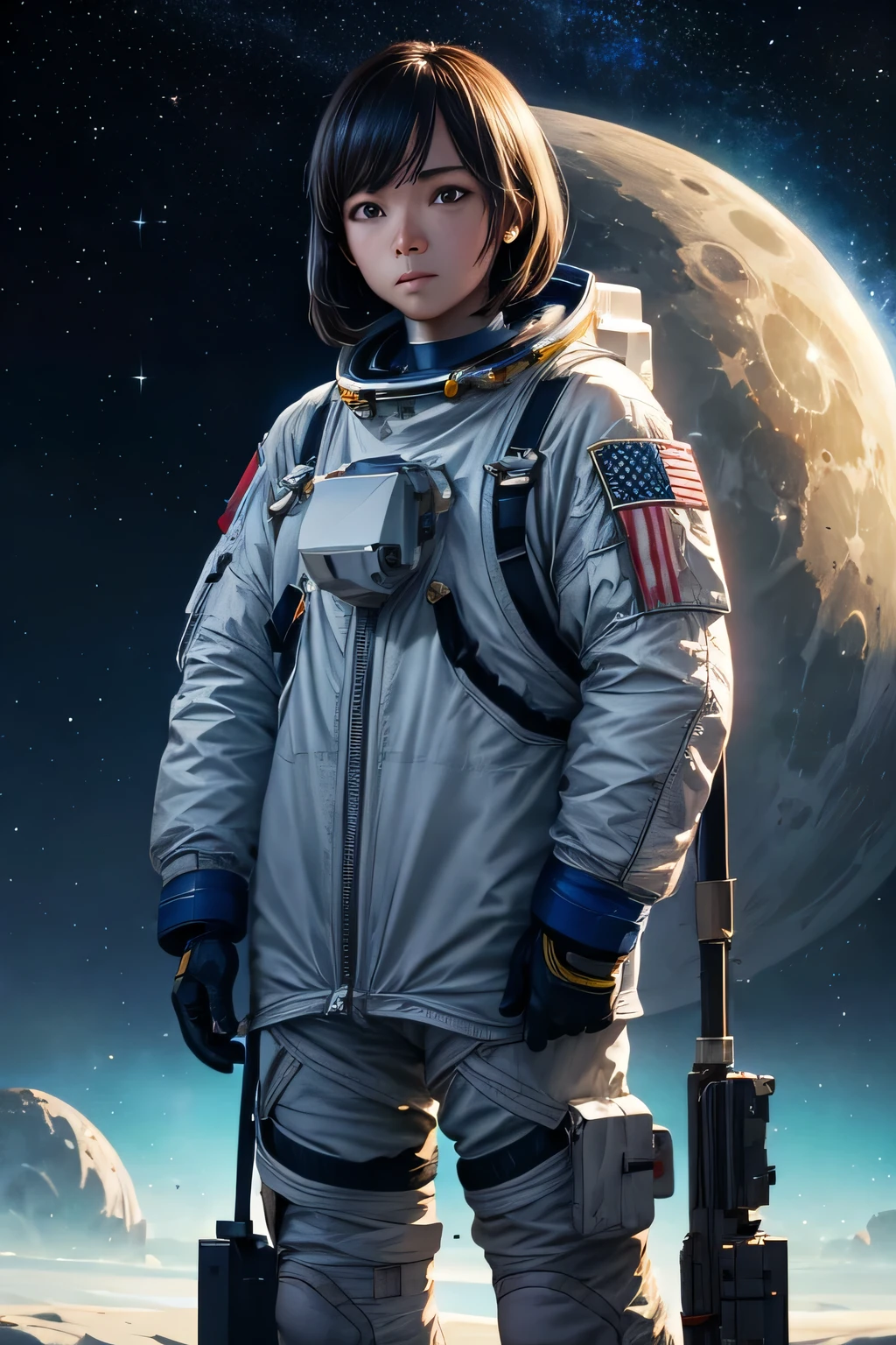 1 astronaut, looking at a woman's face, standing on the moon, starry sky with a spaceship in the background, space, (realistic face), half body,

