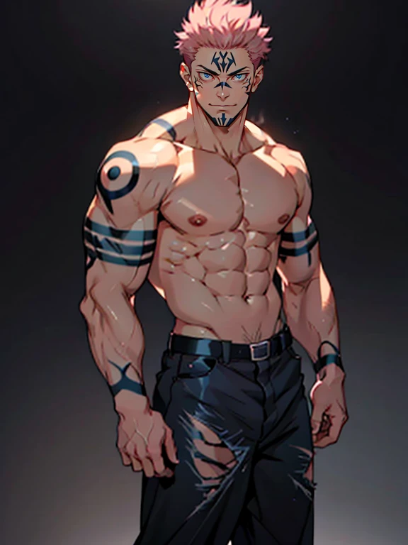 Best quality, masterpiece, expressionless, ultra high res, detailed background, solo, muscular male, short hair, cowboy shot, real shadow and light, Sukuna a man with pink hair and shirtless, tattoo_ryoumen, tattoo_on_his_face, eye focus, manly, mature, full body, anatomically correct, intense anime background,