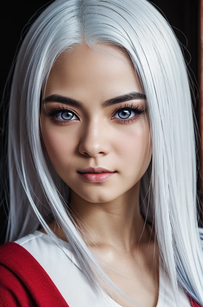 The whole picture should look like an anime, Girl with white hair, red eye, light skin,  from Japan