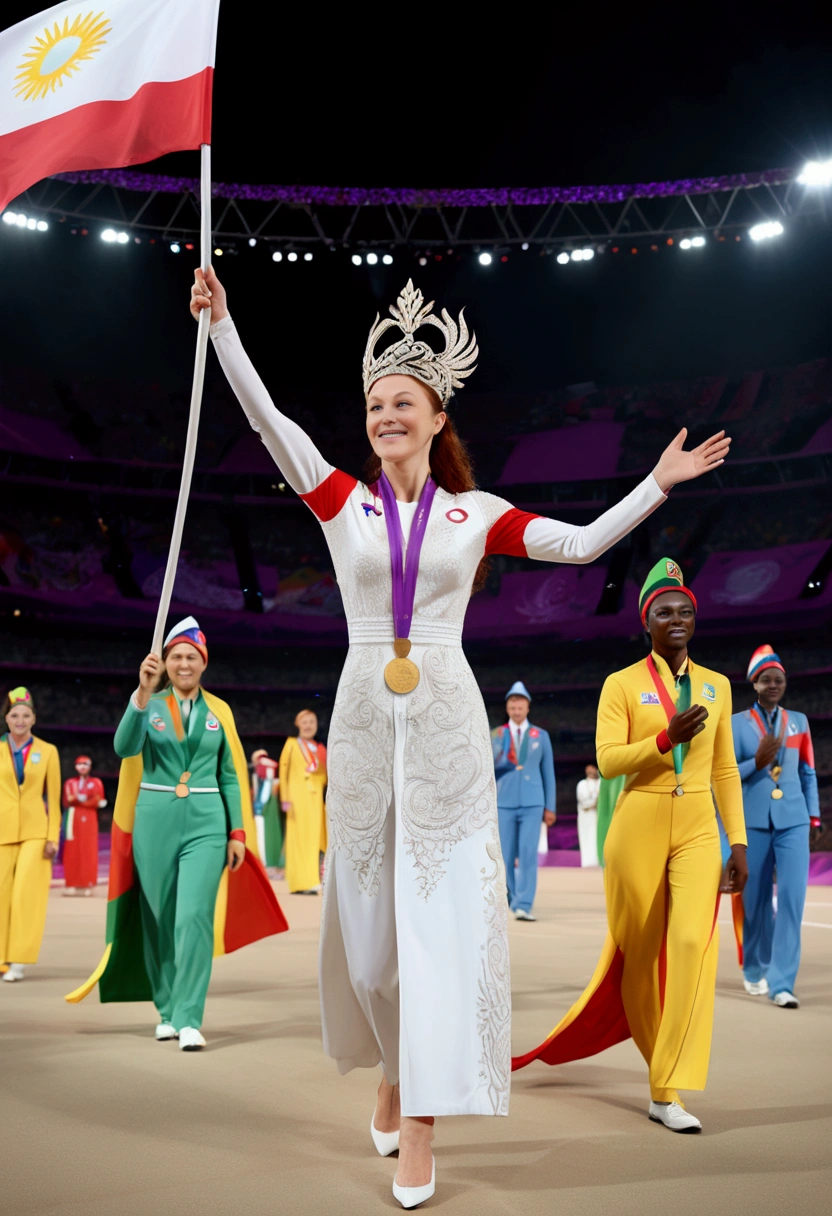 (Olympic Games), At the opening ceremony of the Olympic Games, delegations from various countries entered the stadium one after another. The athletes wore the costumes of their respective countries and waved national flags, showing unity and pride. The lights and music on site create a festival-like atmosphere, full body, award-winning, cinematic still, emotional, vignette, dynamic, vivid, (masterpiece, best quality, photorealistic, Professional, perfect composition, very aesthetic, absurdres, ultra-detailed, intricate details:1.3)