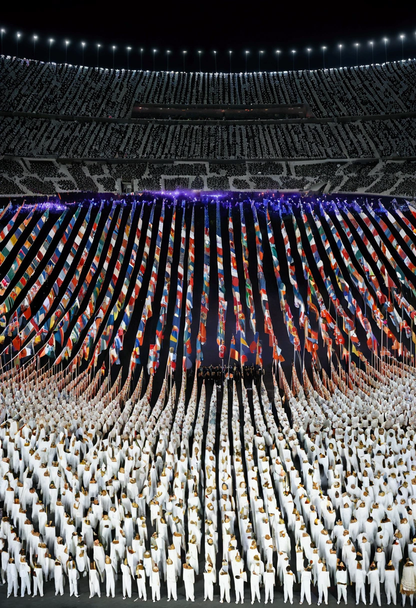 (Olympic Games), At the opening ceremony of the Olympic Games, delegations from various countries entered the stadium one after another. The athletes wore the costumes of their respective countries and waved national flags, showing unity and pride. The lights and music on site create a festival-like atmosphere, full body, award-winning, cinematic still, emotional, vignette, dynamic, vivid, (masterpiece, best quality, photorealistic, Professional, perfect composition, very aesthetic, absurdres, ultra-detailed, intricate details:1.3)