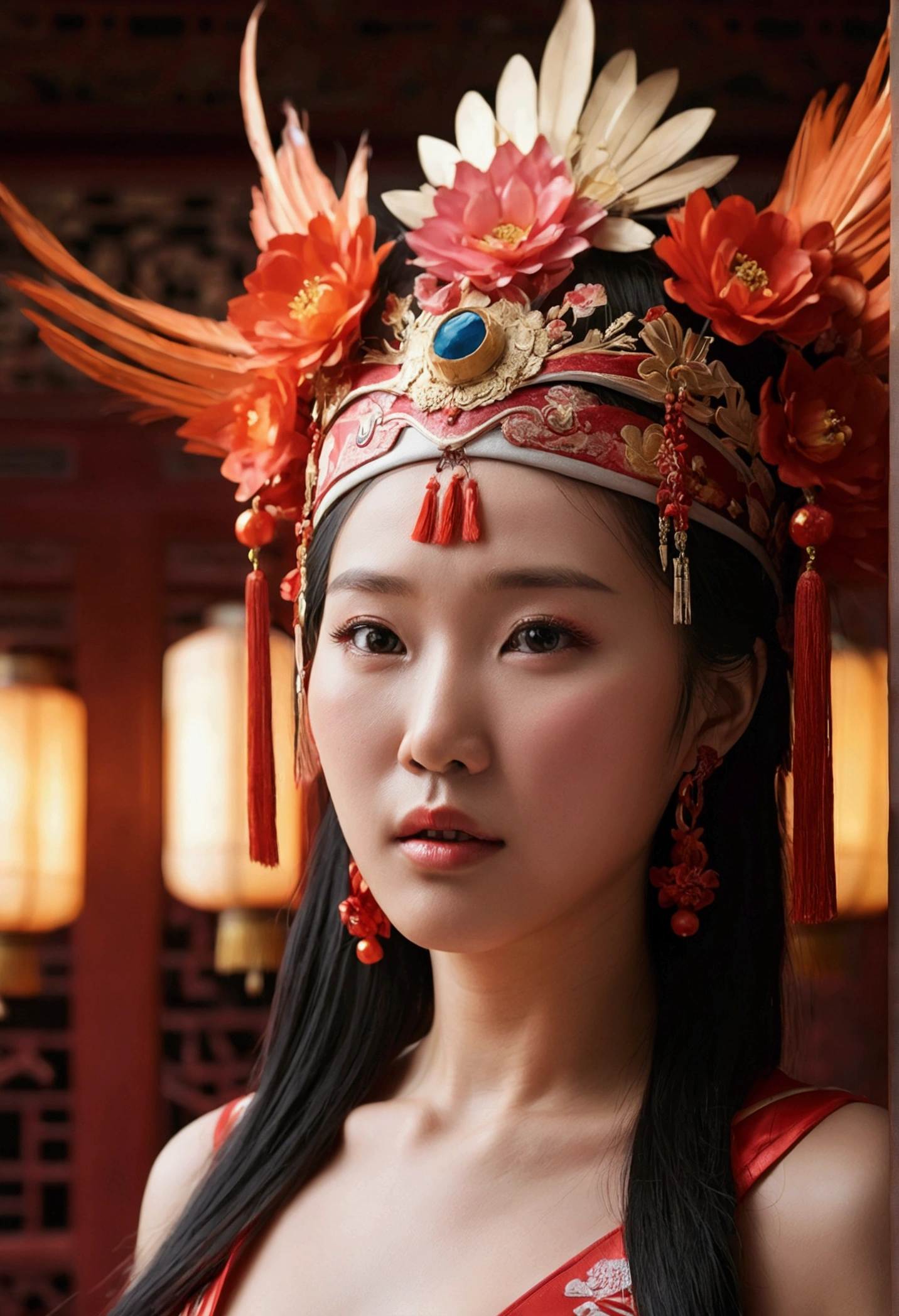 The best image quality, Masterpiece level, ultra high resolution, Realism, fantasy theme, head closeup, A woman, single, Dispersion, china architecture, interior, first person perspective, Phoenix Headdress, Flower dress, Get detailed interior lighting and cinematic lighting, Increase detailed overall ambient light, Detail of face and eyes, Improve the realism of facial details, Clear and sharp focus, sobbing, bite your mouth, ceñudo, bright Eyes, simple background, Sony Master Lens. lingerie