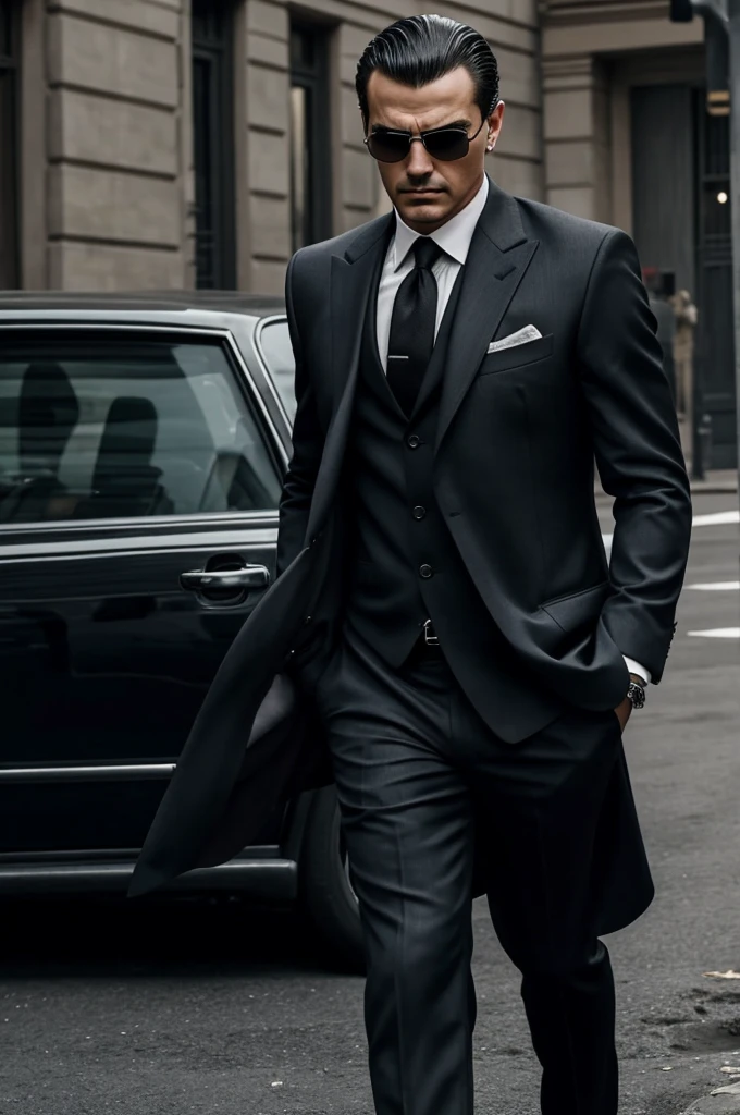 man,mafia style, dark suit, attractive, Cold, powerful, backwards, ambiente Cold, realist 