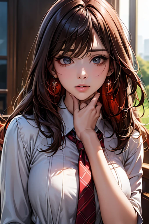 ((Highest quality)),(超High resolution),(Very detailed),(Detailed Description),((The best CG)),(masterpiece),Ultra-detailed art、(Highest quality、8k、32K、masterpiece)、(Realistic)、(Realistic:1.2)、(High resolution)、Very detailed、Very beautiful face and eyes、1 female、Tight waist、Delicate body、(Highest quality、Attention to detail、Rich skin detail)、(Highest quality、8k、Oil paints:1.2)、Very detailed、(Realistic、Realistic:1.37)、Bright coloredium length hair with loose waves、The bangs are straight and fall on the forehead、Red hair))、 Light skin tone、Smooth and healthy skin、
""tops:
White blouse with red ribbon tie bottoms:
Checkered pleated skirt(Navy and red tartan check)
accessories:
Simple stud earrings Slim watches(silver)
shoes:
Black loafer detail:
Blouse with lace trim at neckline and cuffs:1.3 Background: School corridor、Commuting to school、Or summer nature scenery""