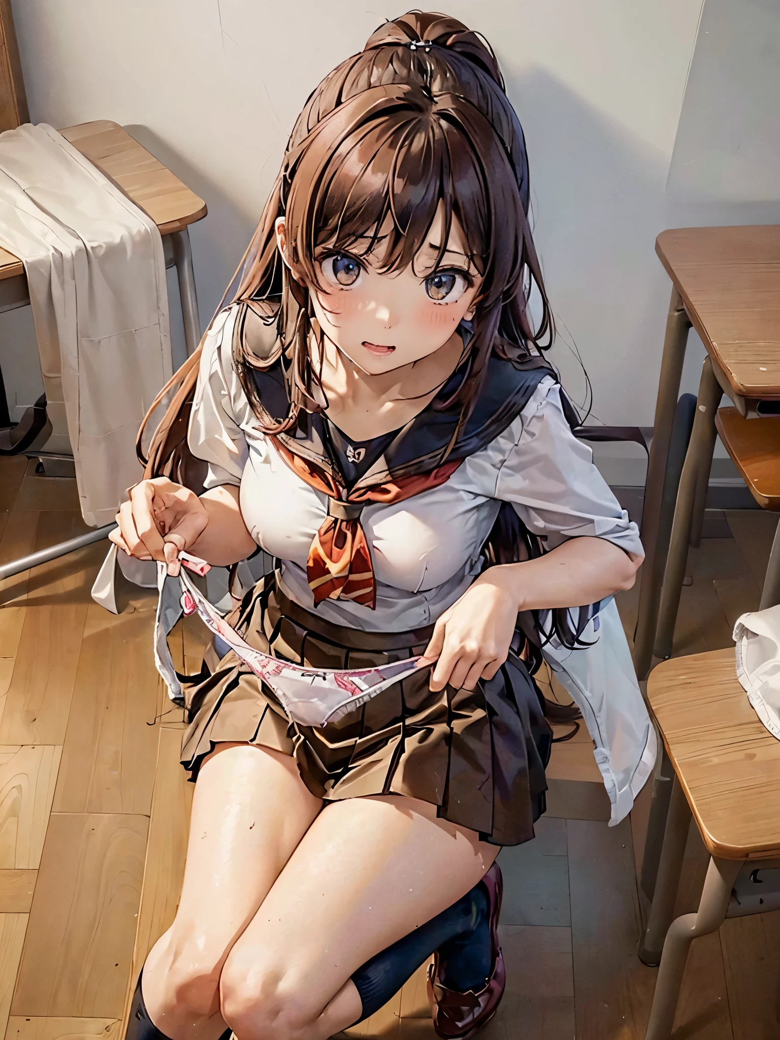 (((masterpiece, Highest quality, High resolution, 超High resolution, Perfect Pixel, Depth of written boundary, 4K, RTTX 10.0))), Beautiful Anime Woman, Beautiful art style, Anime characters, ((Smooth texture, Realistic texture, Anime CG Style)), Exact finger count、Exact number of legs、(Exact number of arms:1.0, Exact number of hands:1.0), (Perfect hands, Perfect Anatomy), Cinematic, Realistic, Extremely detailed CG, Daytime lighting, Perfect lighting, Best Shadow, The best natural light, whole body, Perfect body, バランのとれたPerfect body, Perfectly balanced style, Slender body, ((Long Hair, bangs, Reddish brown hair, ponytail)), ((A cute adult woman is holding her panties in both hands and showing them, holding panties, presenting panties:1.8)), ((Sailor suit tops, Sailor collar, White shirt, Navy pleated mini skirt:1.3), (Knee-high socks:1.3):1.3), (Beautiful and big breasts:1), (Very embarrassed look:1.6), blush, (School classroom, School desks and chairs in the background:1.4), Angle from the front, (Sexy and cute panties:1.45)