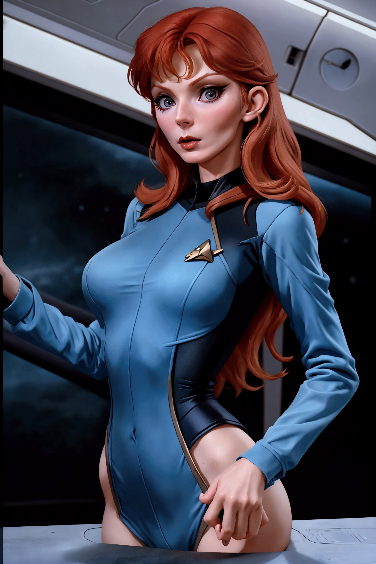 (Beverly Crusher, age 25, sexy revealing star fleet uniform) being a sexy smoldering hot seductress as she goes about her duties on the Enterprise starship
