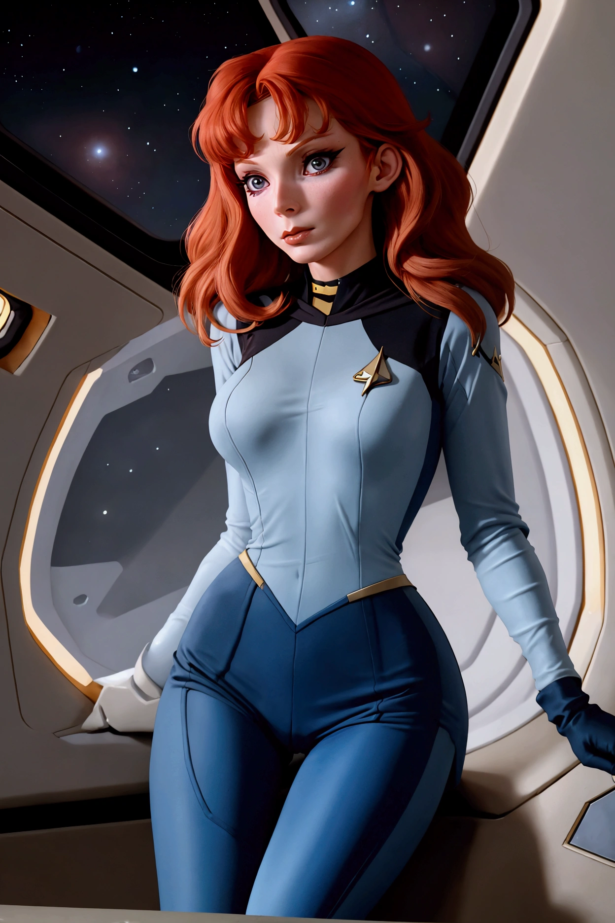 (Beverly Crusher, age 25, sexy revealing star fleet uniform) being a sexy smoldering hot seductress as she goes about her duties on the Enterprise starship
