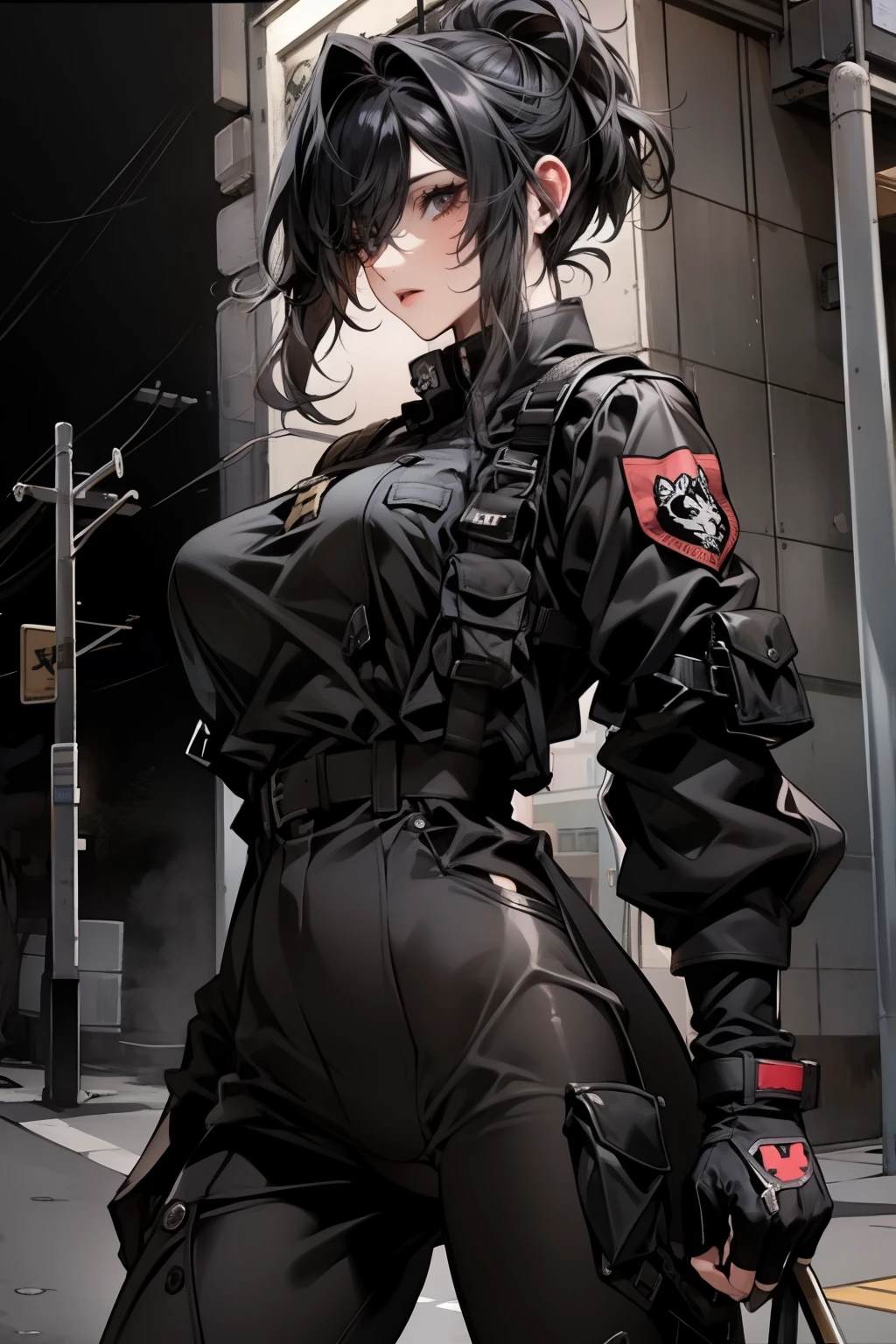 ((best quality)), ((Masterpiece)), (details), 1 girl, SWAT uniform, Wolf Cut, big breasts, hip ups, Street background