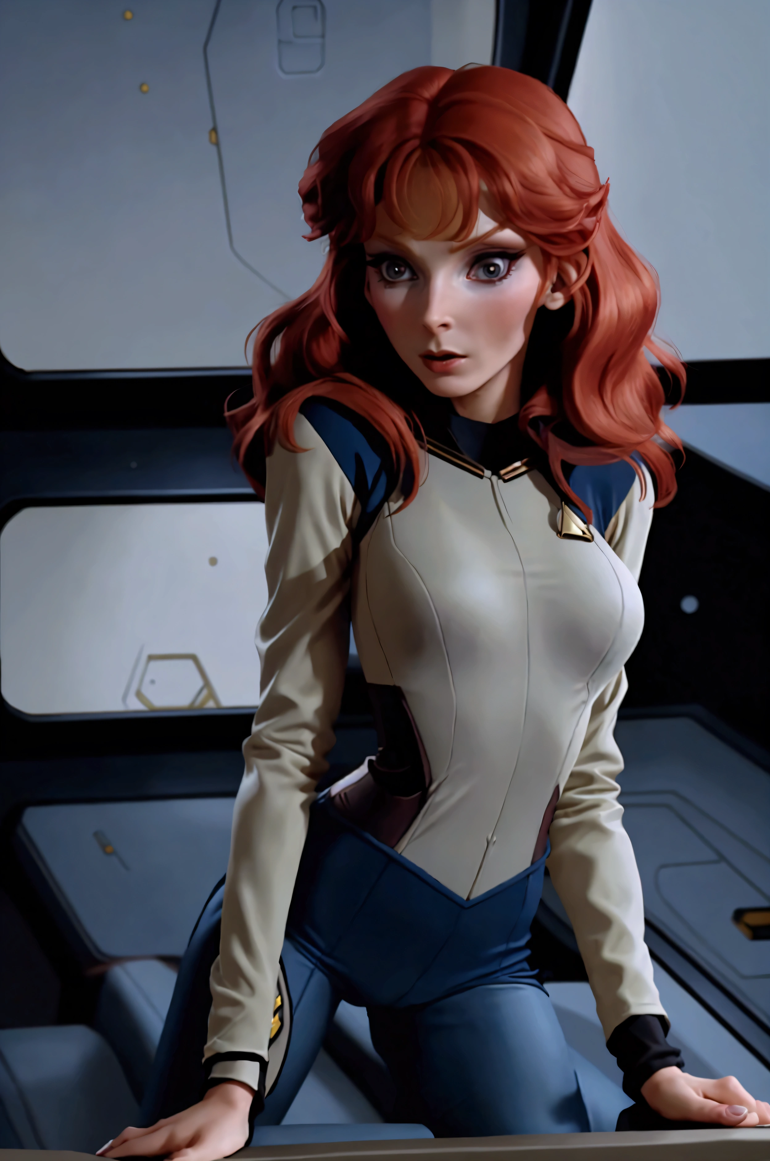 (Beverly Crusher, age 25, sexy revealing star fleet uniform) being a sexy smoldering hot seductress as she goes about her duties on the Enterprise starship
