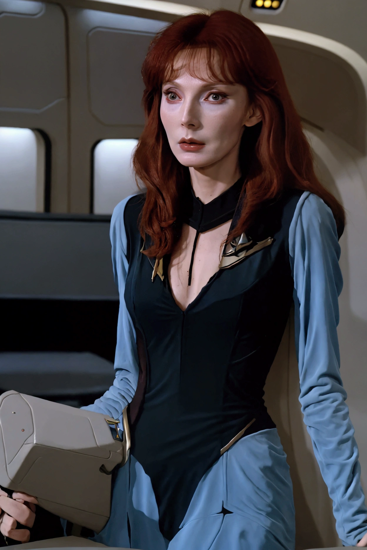 (Beverly Crusher, age 25, sexy revealing star fleet uniform) being a sexy smoldering hot seductress as she goes about her duties on the Enterprise starship
