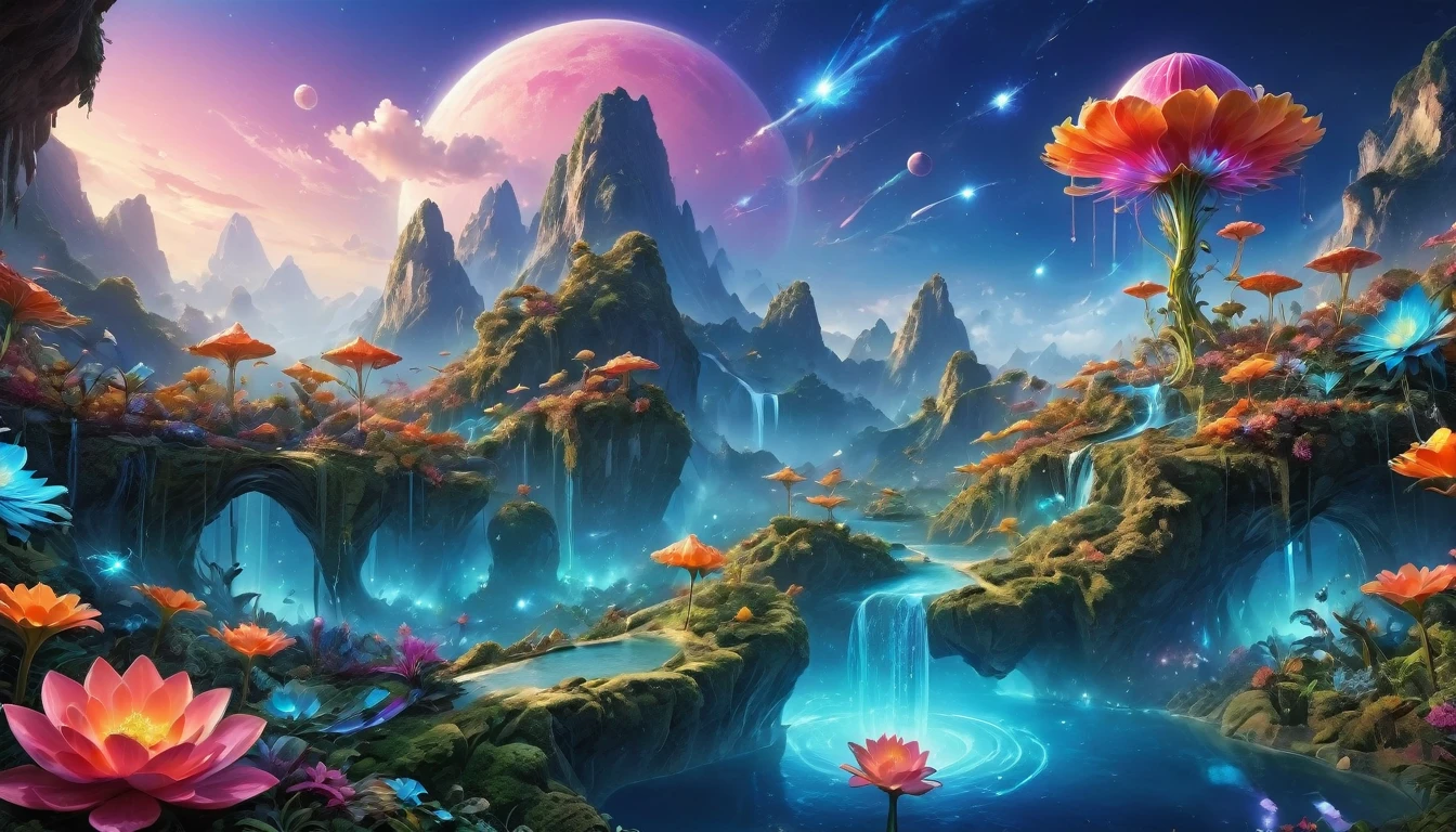 Surreal and exotic landscapes,Beautiful everywhere、Vibrant、colorful。On the screen々Strange alien flowers of all shapes and sizes are projected.,A wide variety of tasty alien fruits。Best image quality,Resolution is 4K or 8K,Capture every detail perfectly。The pictures are very detailed,Presented in a realistic way,Delivering a truly immersive experience。This work combines illustration techniques with 3D rendering..,Visually stunning、A work of excellent craftsmanship。Bright colors,Enhance the surreal atmosphere of the landscape。The lighting design is very detailed,Expressing complex changes in light and shadow,Add layers and depth to your scenes。This work arouses curiosity and awe in the viewer.。.。,Take your audience into a magical, surreal world,Where natural beauty takes on a whole new meaning。