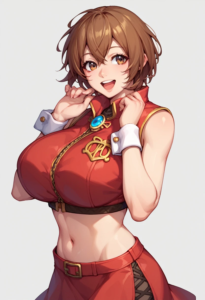 score_9, score_8_up, score_7_up,score_6_up, score_5_up, score_4_up , 1girl, solo, luka megurine, blue eyes, huge breasts, meiko, (brown eyes:1.5), brown hair, short hair,, bare arms, crop top, jacket, midriff, miniskirt, navel, red jacket, red skirt, skirt, sleeveless, sleeveless jacket, wrist cuffs, wrist cuff happy, cowboy shot, simple background