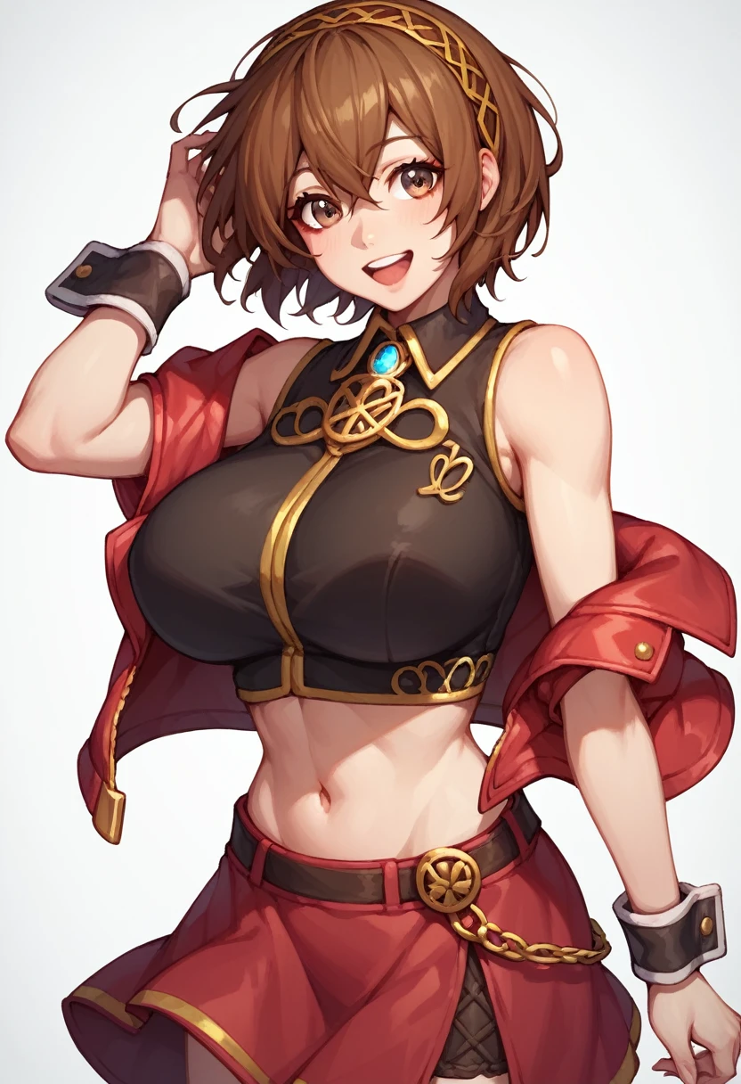 score_9, score_8_up, score_7_up,score_6_up, score_5_up, score_4_up , 1girl, solo, luka megurine, blue eyes, huge breasts, meiko, (brown eyes:1.5), brown hair, short hair,, bare arms, crop top, jacket, midriff, miniskirt, navel, red jacket, red skirt, skirt, sleeveless, sleeveless jacket, wrist cuffs, wrist cuff happy, cowboy shot, simple background
