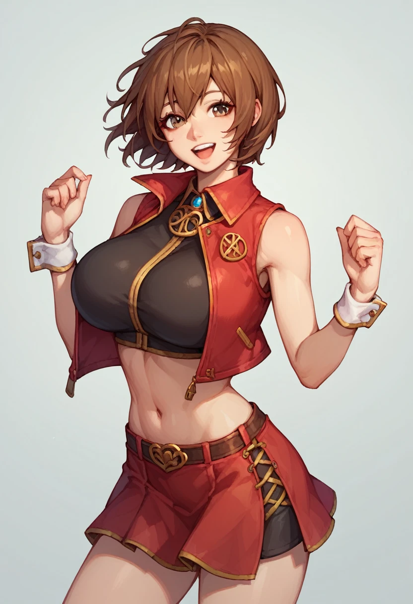 score_9, score_8_up, score_7_up,score_6_up, score_5_up, score_4_up , 1girl, solo, luka megurine, blue eyes, huge breasts, meiko, (brown eyes:1.5), brown hair, short hair,, bare arms, crop top, jacket, midriff, miniskirt, navel, red jacket, red skirt, skirt, sleeveless, sleeveless jacket, wrist cuffs, wrist cuff happy, cowboy shot, simple background