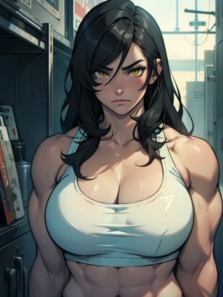 (((muscular girl toned body massive breasts))) yellow eyes black hair between eyes pale skin sweaty massive hair messy hair