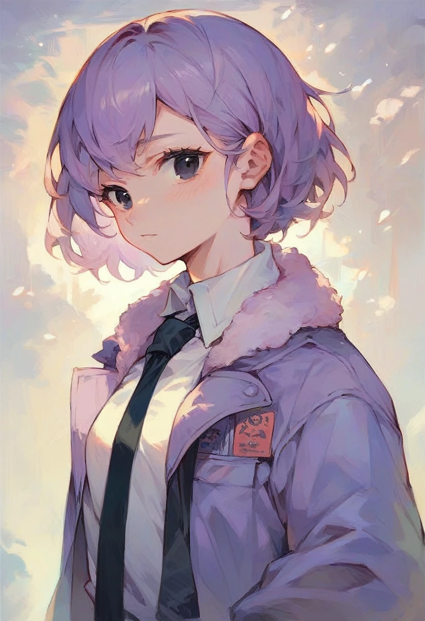 Young woman. lavender hair, black eyes, tie around the neck and light lavender jacket