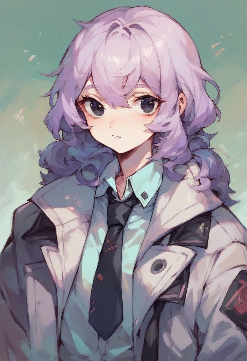 Young woman. lavender hair, black eyes, tie around the neck and light lavender jacket