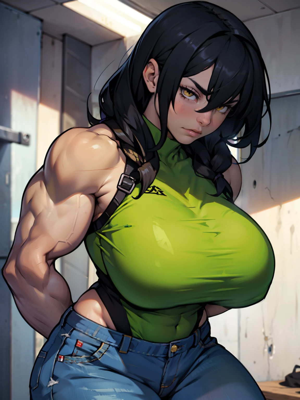 massive hair black hair yellow eyes pale skin large  muscular girl sad girl