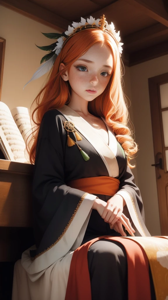 Young princess ((playing piano)), striking figure, long flowing ginger hair, wavy hairs, fair skin, (freckles), ((kolito)), innocent and regal appearance, expressive green eyes are filled with a mix of curiosity and determination, her slender frame, elegant grace, vibrant orange kimono with white and black decorations, very long sleeves, feather headdress, no background