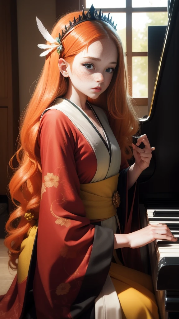 Young princess ((playing piano)), striking figure, long flowing ginger hair, wavy hairs, fair skin, (freckles), ((kolito)), innocent and regal appearance, expressive green eyes are filled with a mix of curiosity and determination, her slender frame, elegant grace, vibrant orange kimono with white and black decorations, very long sleeves, feather headdress, no background