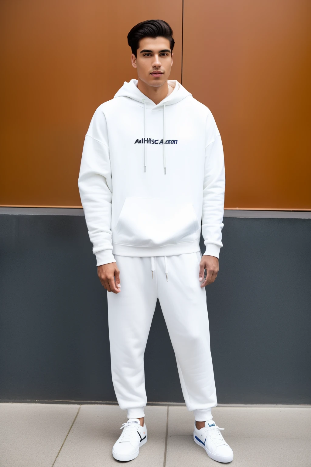 A 25-year-old man, exuding an aura of casual sophistication, dons a sleek, color-coordinated hoodie, trousers, and sneakers. The hoodie's fabric is soft and smooth, its color resonating harmoniously with the trousers that fit him perfectly. The sneakers are clean and well-maintained, their white soles contrasting sharply with the rest of his attire. With a confident, relaxed posture, he gazes into the distance, emanating a sense of comfort and self-assurance. This high-quality photograph, taken with a Nikon D850, captures the nuances of his appearance in stunning detail