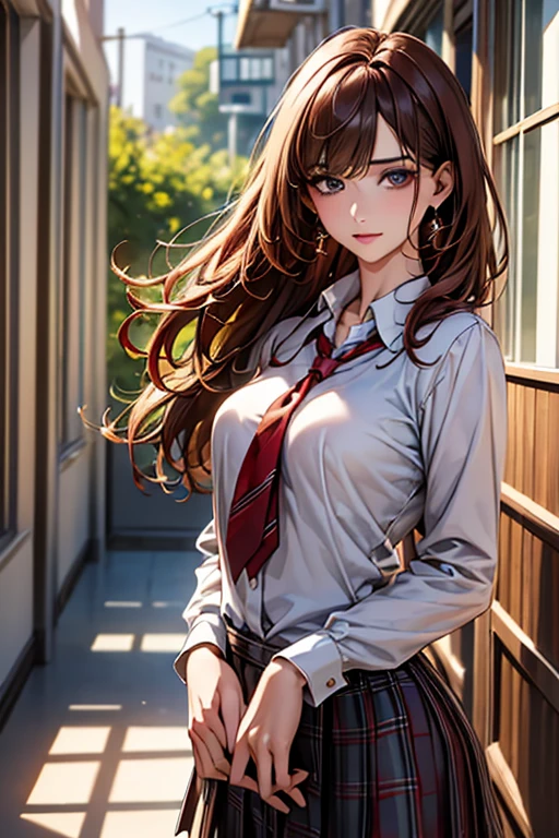 ((Highest quality)),(超High resolution),(Very detailed),(Detailed Description),((The best CG)),(masterpiece),Ultra-detailed art、(Highest quality、8k、32K、masterpiece)、(Realistic)、(Realistic:1.2)、(High resolution)、Very detailed、Very beautiful face and eyes、1 female、Tight waist、Delicate body、(Highest quality、Attention to detail、Rich skin detail)、(Highest quality、8k、Oil paints:1.2)、Very detailed、(Realistic、Realistic:1.37)、Bright coloredium length hair with loose waves、The bangs are straight and fall on the forehead、Red hair))、 Light skin tone、Smooth and healthy skin、
""tops:
White blouse with red ribbon tie bottoms:
Checkered pleated skirt(Navy and red tartan check)
accessories:
Simple stud earrings Slim watches(silver)
shoes:
Black loafer detail:
Blouse with lace trim at neckline and cuffs:1.3 Background: ((School corridor:1.6))、Commuting to school、Or summer nature scenery""