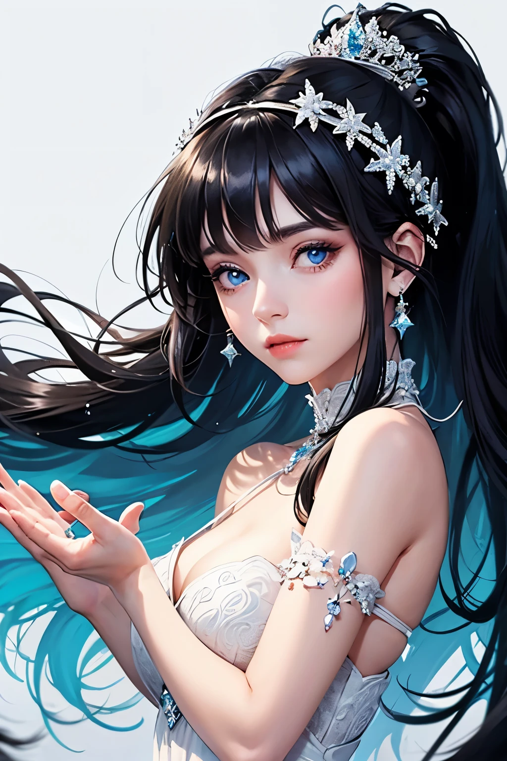 A beautiful young princess with black hair and blue eyes., she is wearing her beautiful long white dress