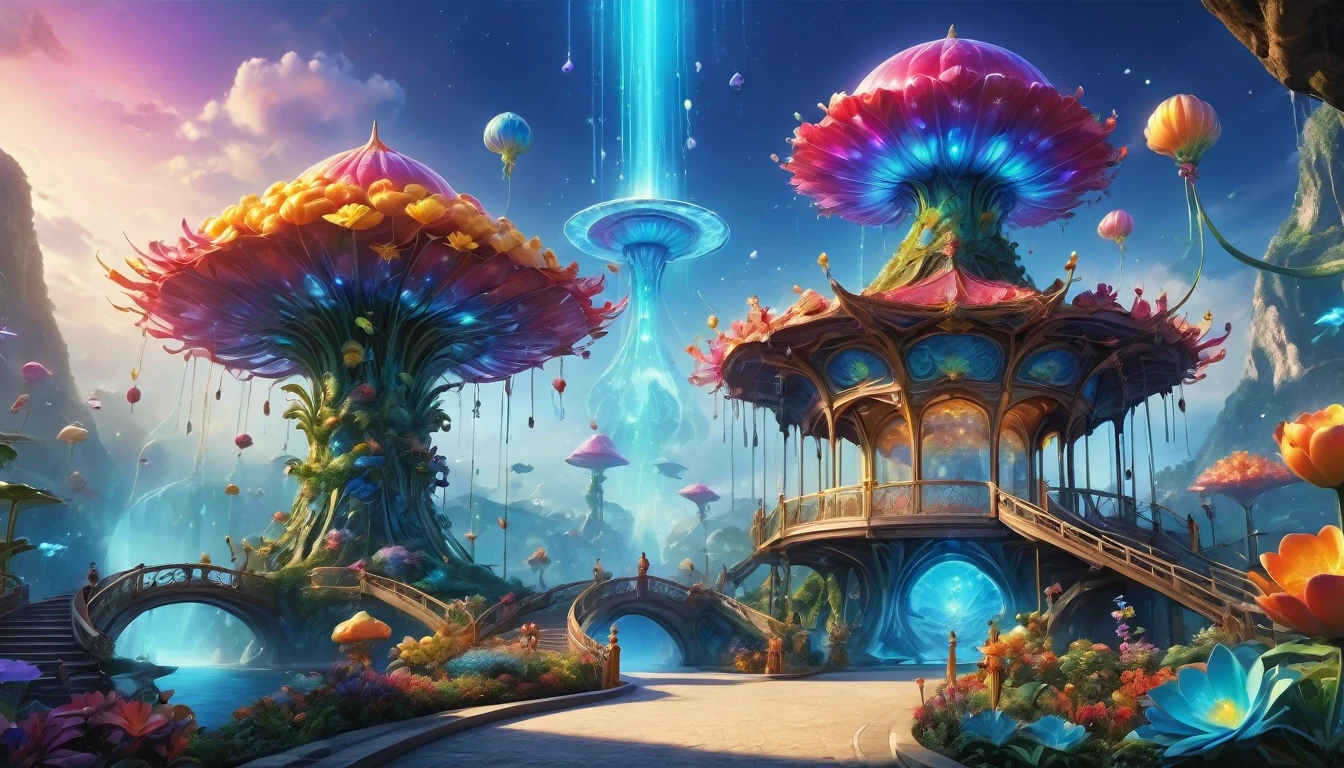 amusement park、cute、Surreal and exotic landscapes，Beautiful everywhere、Vibrant、colorful。On the screen々Strange alien flowers of all shapes and sizes are projected.，A wide variety of tasty alien fruits。Best image quality，Resolution is 4K or 8K，Capture every detail perfectly。The pictures are very detailed，Presented in a realistic way，Delivering a truly immersive experience。This work combines illustration techniques with 3D rendering..，Visually stunning、A work of excellent craftsmanship。Bright colors，Enhance the surreal atmosphere of the landscape。The lighting design is very detailed，Expressing complex changes in light and shadow，Add layers and depth to your scenes。This work arouses curiosity and awe in the viewer.。.。，Take your audience into a magical, surreal world，Where natural beauty takes on a whole new meaning。
