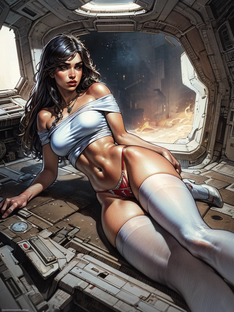a masterpiece, best qualityer, hyperdetailed, Woman showing her breasts, (Druna), big fit ass , dark blue eyes, bared shoulders, (white top), (white thigh highs), (red thong), fleshy lips, neckleace, pose sexy, best qualityer, excitado, Paolo Serpieri Art, Luis Royo Art, milo manara art, Art by Juan Giménez, spaceship interior background