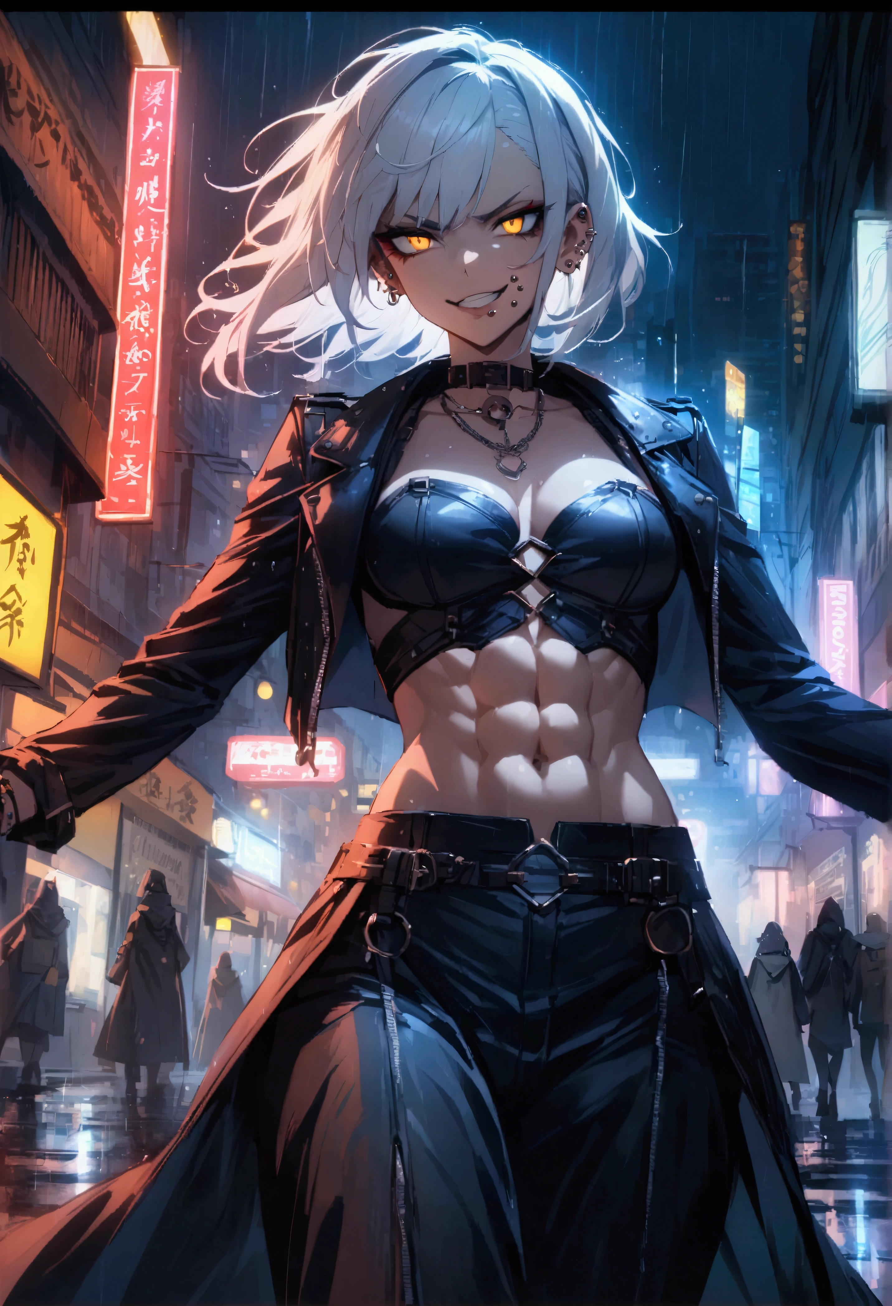 anime women, dark outfit with red and blue details, white hair, (golden dragon eyes) standing in a rain soaked, city street at night, cinematic lighting (best quality:1.2)detailed, neon lights, vivid colors,bokeh, angry looking face with smirk on mouth, piercing, ABS, ((face piercing)), gaze, 4k, particles in the air, powers, amazing art work full of details, dynamic movement, cold stare