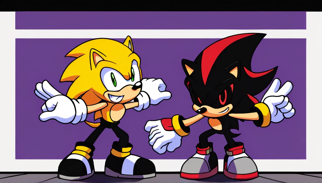 Custom avatar, shadow and sonic, wearing black shorts, in the cyberspace, cgi backround, doing a dyamic pose,